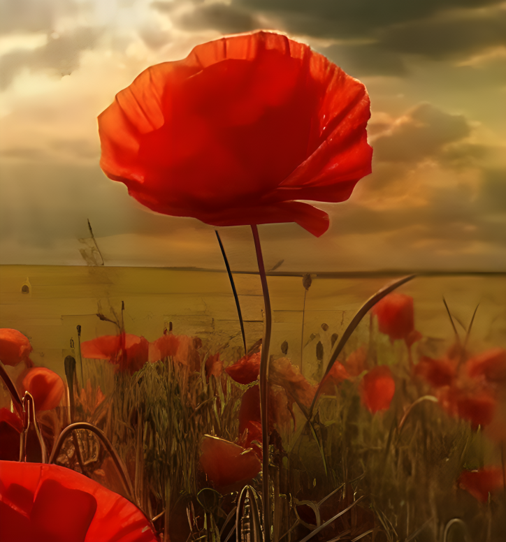 A field of red flowers under cloudy skies.